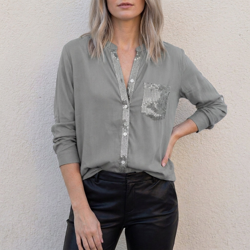 Gray women's summer blouse with V-neck and denim button front, stylish top from My Store.