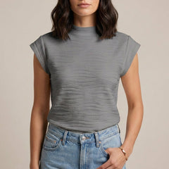 Gray high neck cap sleeve summer top for women, stylish and lightweight blouse from My Store, perfect for warm weather.