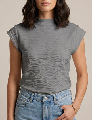 Gray high neck cap sleeve summer top for women, stylish and lightweight blouse from My Store, perfect for warm weather.