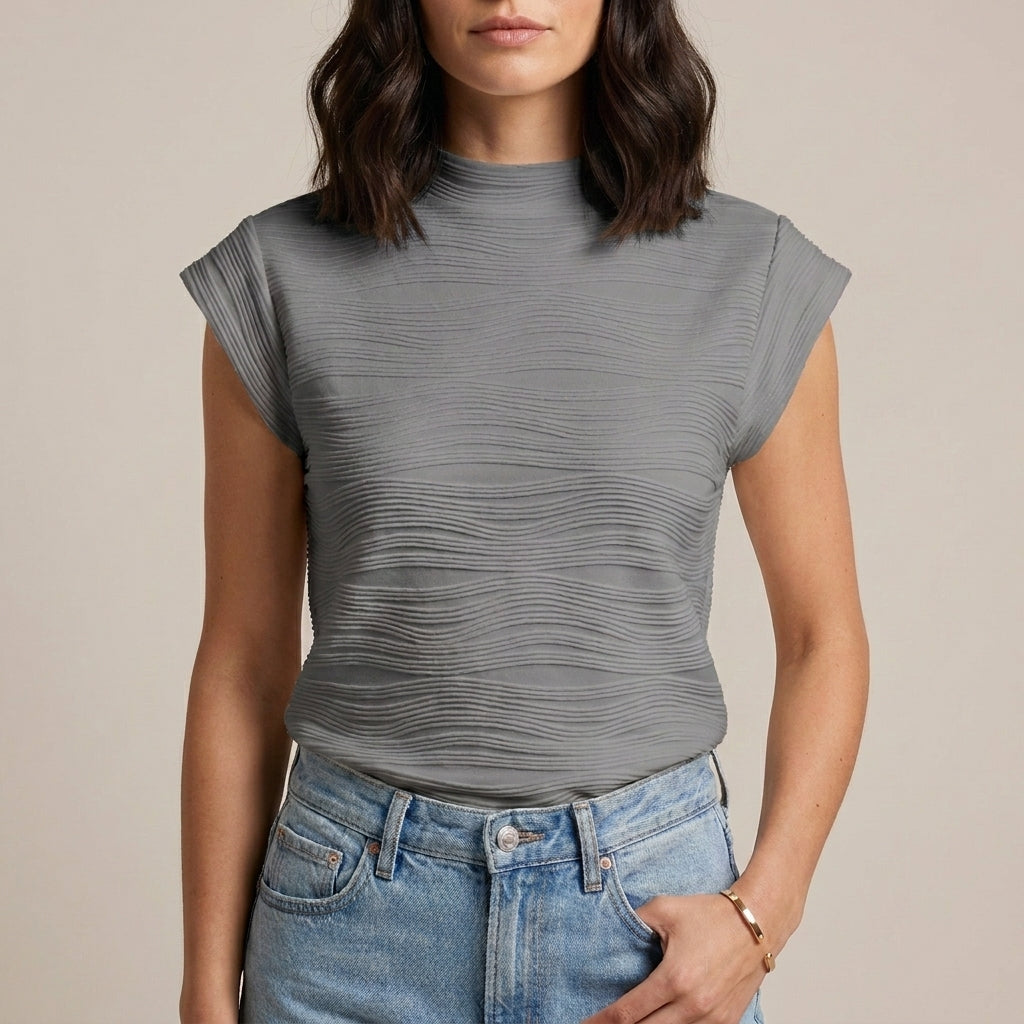 Gray high neck cap sleeve summer top for women, stylish and lightweight blouse from My Store, perfect for warm weather.