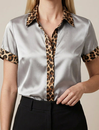 Gray leopard print summer blouse for women with short sleeves, stylish and comfortable top by My Store.