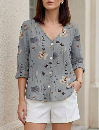 Gray floral V-neck summer blouse for women with denim button front, stylish and lightweight top from My Store.