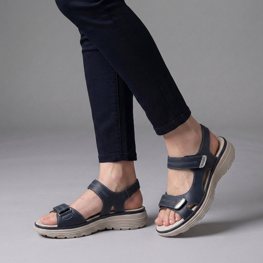 Gray orthopedic comfort fit sandals with chunky sole and adjustable straps, designed for supportive casual wear.