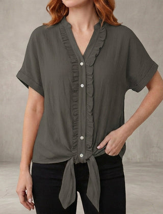Gray V-neck denim blouse for women with ruffle details, casual summer top, stylish women's clothing from My Store.