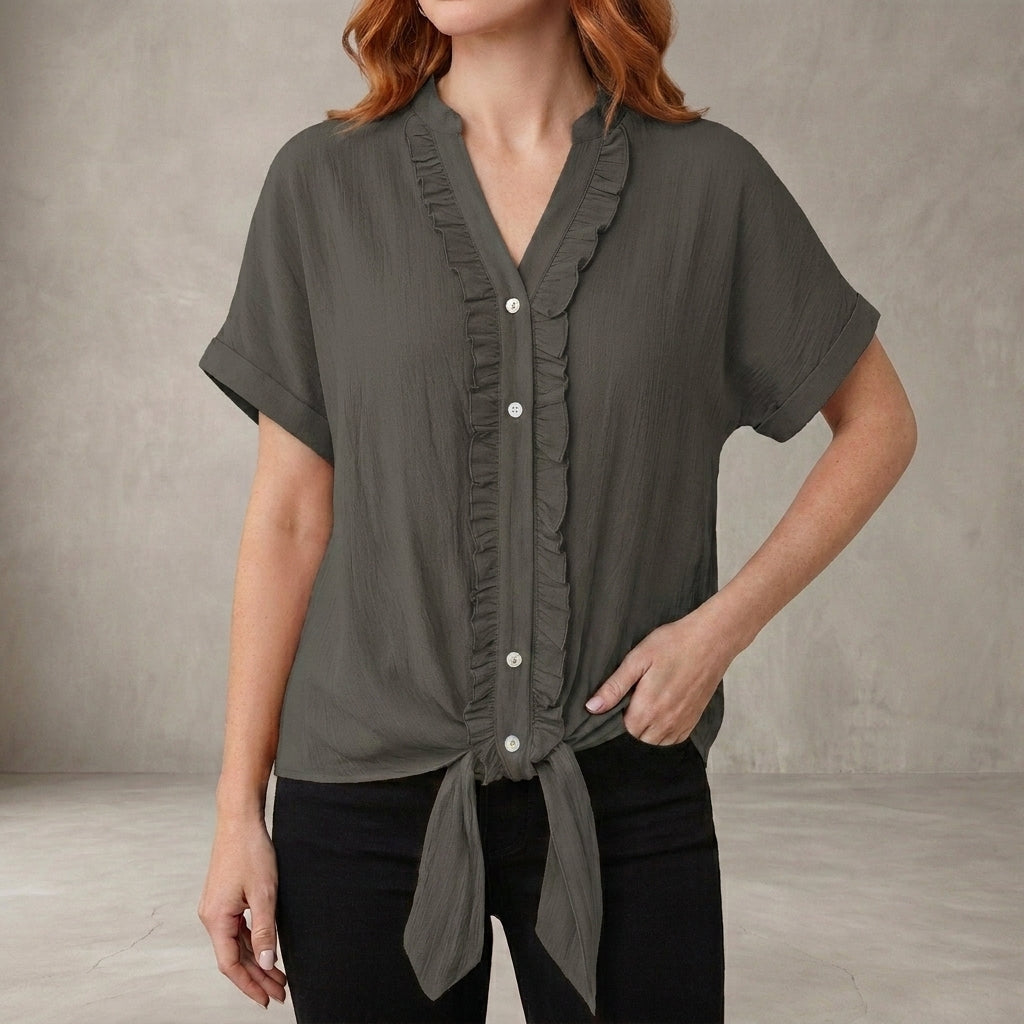 Gray V-neck denim blouse for women with ruffle details, casual summer top, stylish women's clothing from My Store.