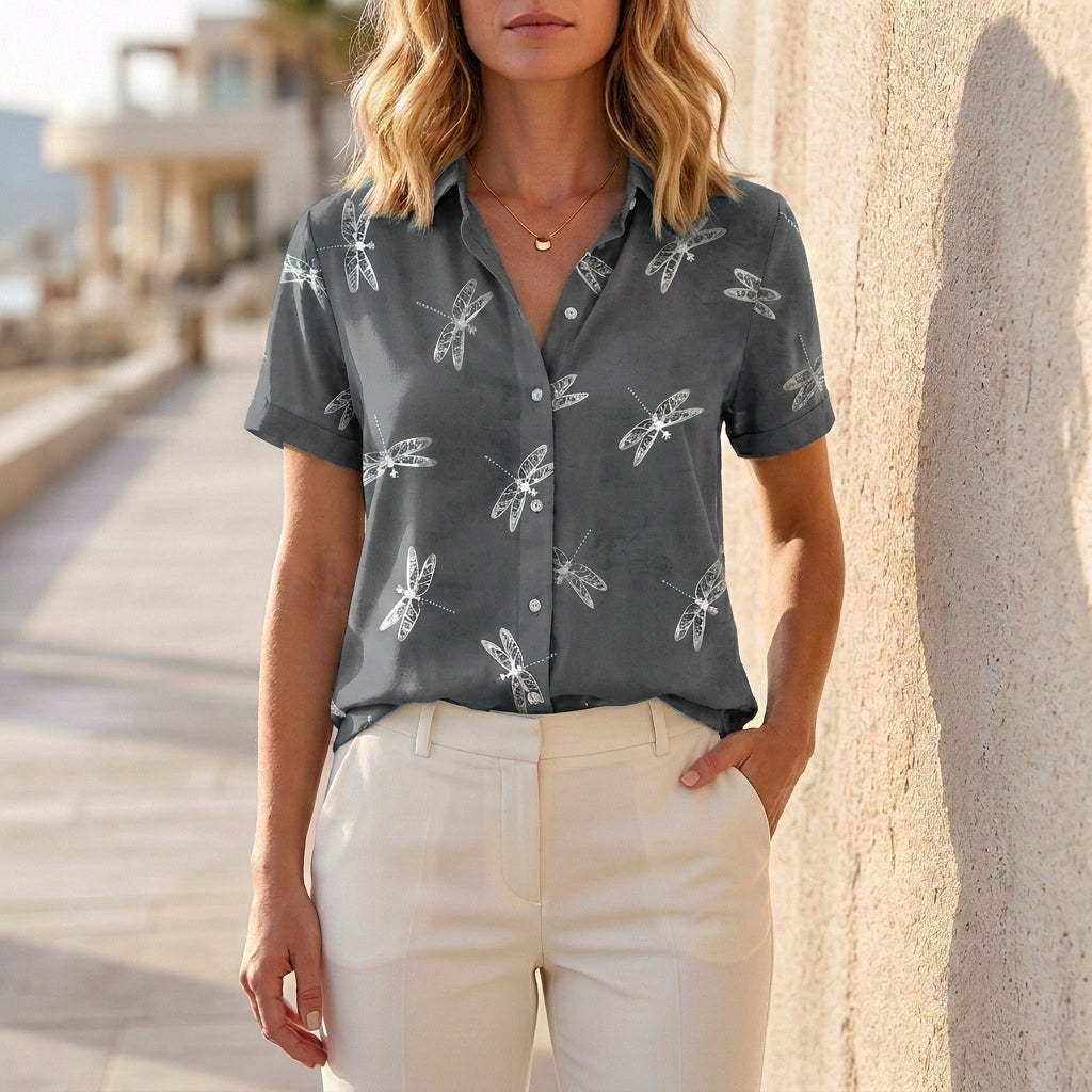 Gray print denim summer blouse for women, stylish top with casual design, ideal for warm weather and everyday wear.