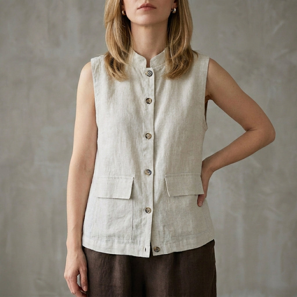 Gray sleeveless denim summer blouse for women with button front, casual top, stylish and lightweight for warm weather.