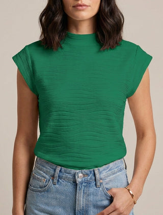 Green women's summer top with high neck and cap sleeves, stylish and lightweight for warm weather.