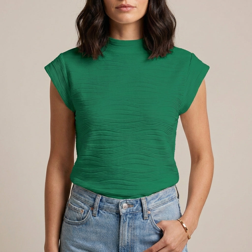 Green women's summer top with high neck and cap sleeves, stylish and lightweight for warm weather.
