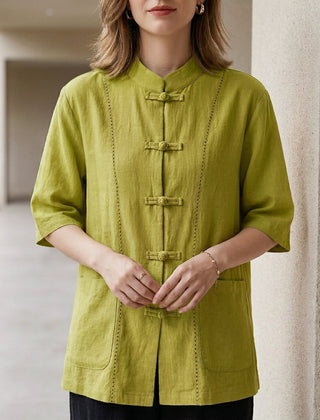 Green summer blouse for women with denim pockets, stylish top from My Store's women's clothing collection.