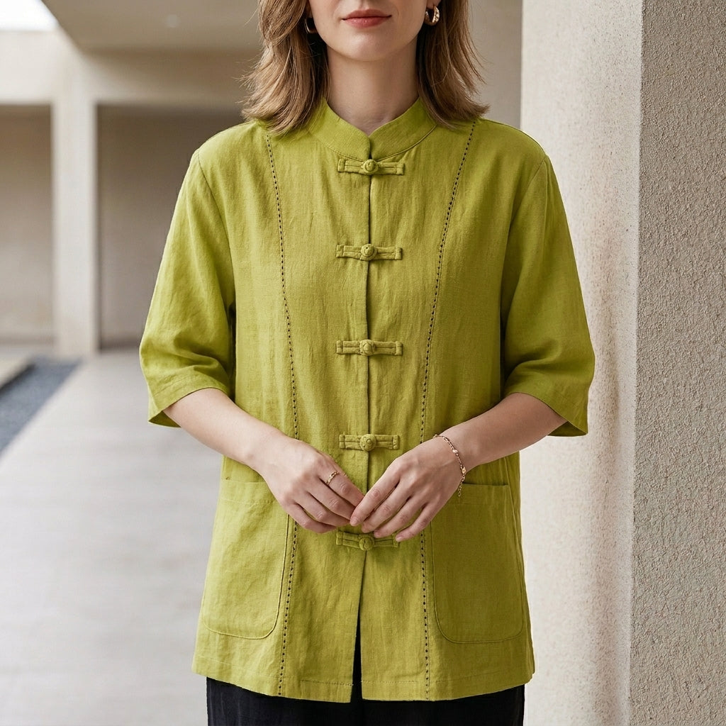 Green summer blouse for women with denim pockets, stylish top from My Store's women's clothing collection.