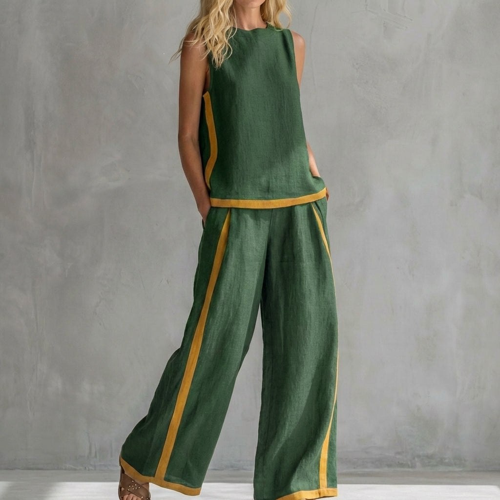 Green women's two-piece slit co-ord set by Tammy Bradley, featuring a fitted top and matching wide-leg pants.