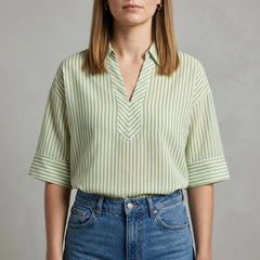 Green striped linen summer blouse for women, casual top with long sleeves and relaxed fit, stylish women's clothing by My Store.