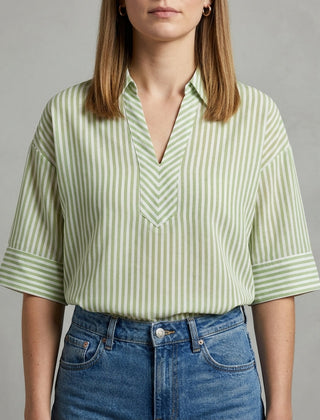 Green striped linen summer blouse for women, casual top with long sleeves and relaxed fit, stylish women's clothing by My Store.