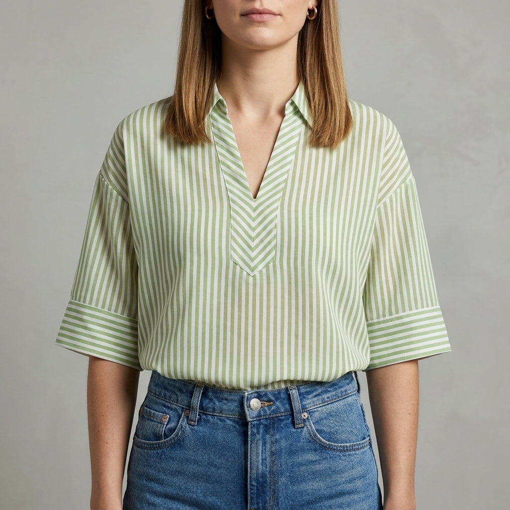 Green striped linen summer blouse for women, casual top with long sleeves and relaxed fit, stylish women's clothing by My Store.