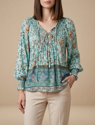Green floral long sleeve linen summer blouse for women, stylish and lightweight top from My Store.