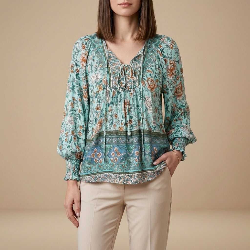 Green floral long sleeve linen summer blouse for women, stylish and lightweight top from My Store.