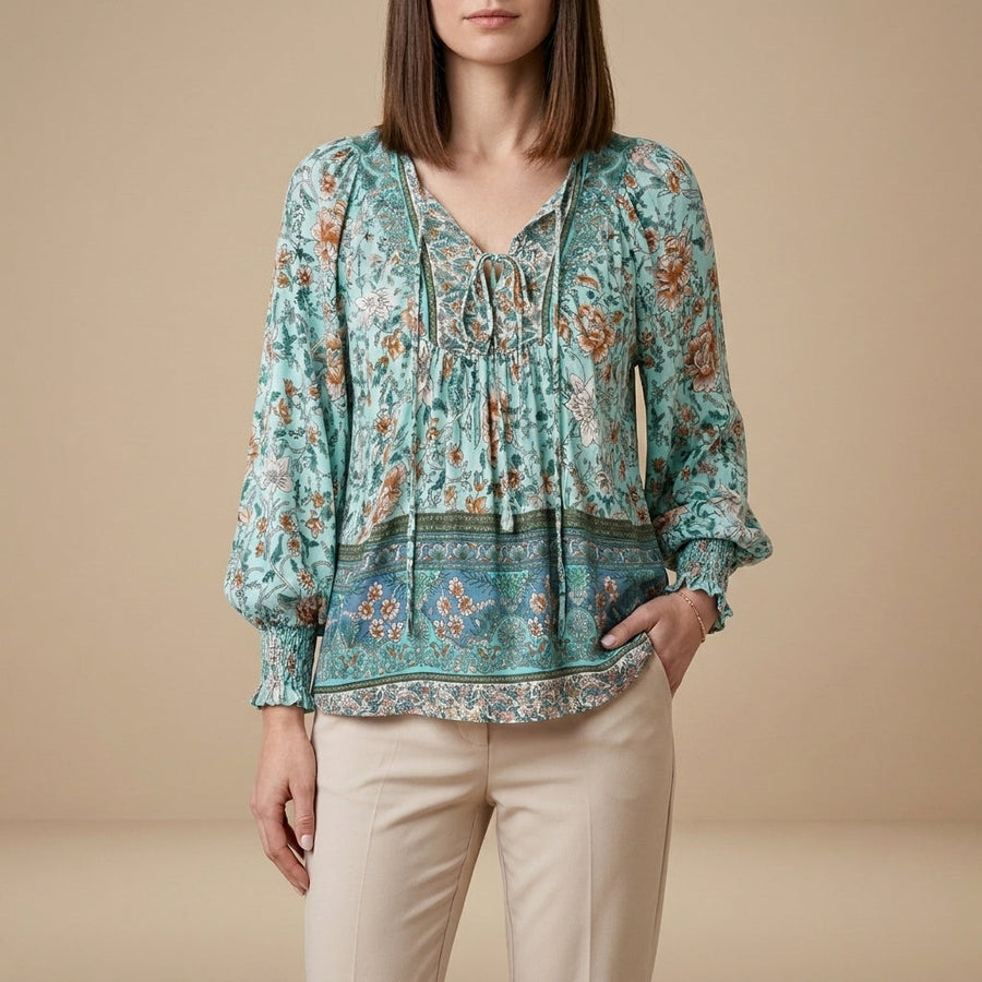 Green floral long sleeve linen summer blouse for women, stylish and lightweight top from My Store.