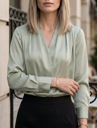 Green women's summer blouse with V-neck and long satin sleeves, casual stylish top for women.