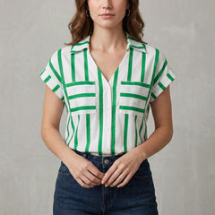 Green striped women's summer blouse with V-neck, casual top, stylish and lightweight for warm weather.
