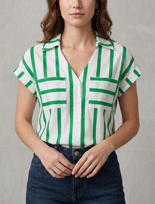 Green striped women's summer blouse with V-neck, casual top, stylish and lightweight for warm weather.