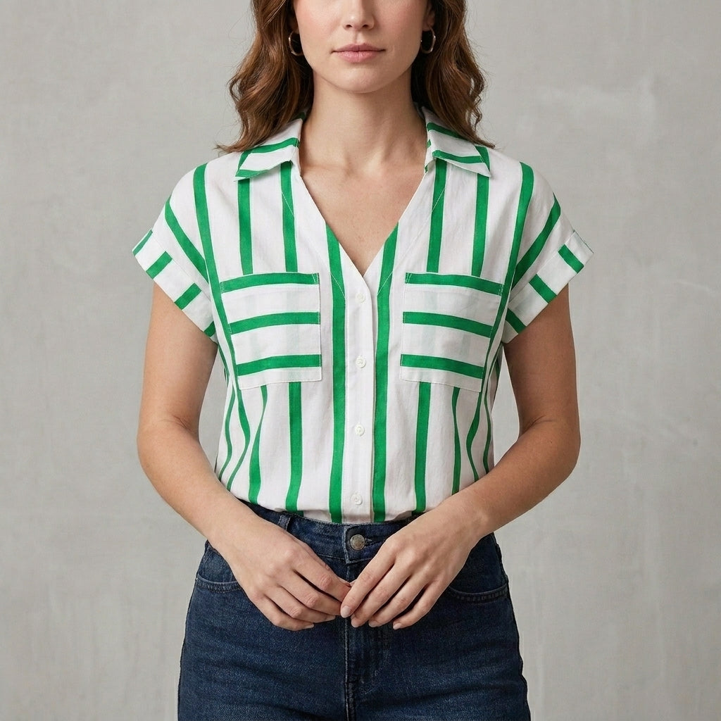 Green striped women's summer blouse with V-neck, casual top, stylish and lightweight for warm weather.