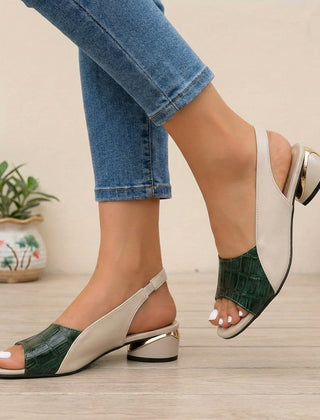 Green embossed peep toe slingback block heel sandals for women with color block design and stylish heel.