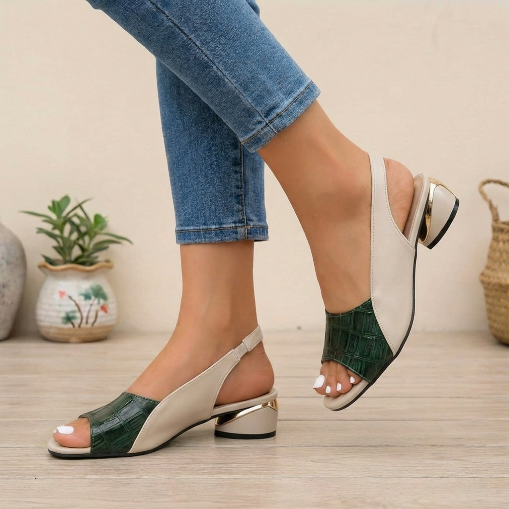 Green embossed peep toe slingback block heel sandals for women with color block design and stylish heel.