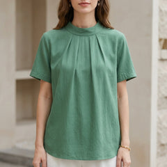 Green high neck short sleeve summer blouse for women, stylish and lightweight top from My Store.