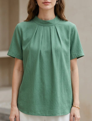 Green high neck short sleeve summer blouse for women, stylish and lightweight top from My Store.