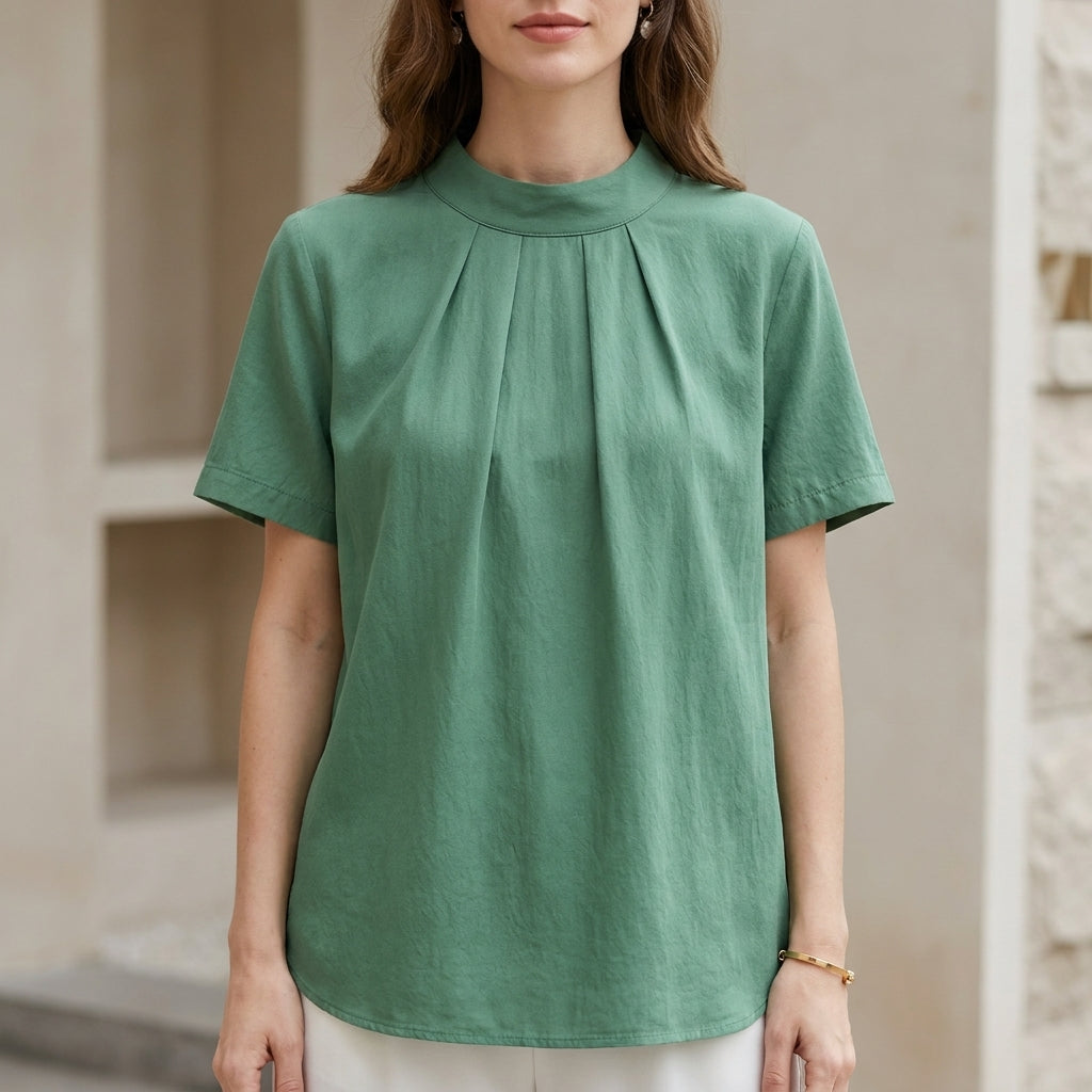 Green high neck short sleeve summer blouse for women, stylish and lightweight top from My Store.