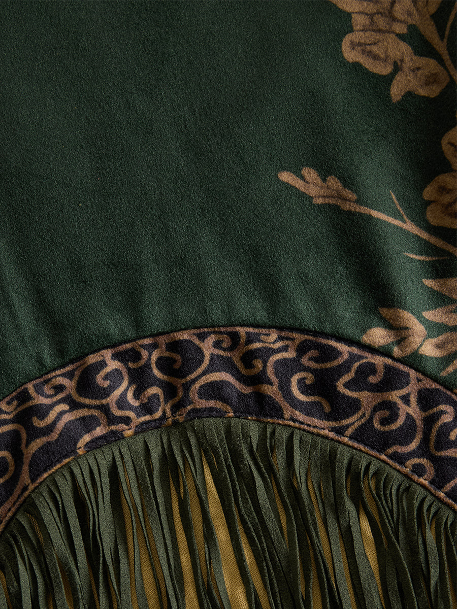 Green faux suede tassel maxi dress for women with flowing design and tassel details, perfect for elegant summer occasions.