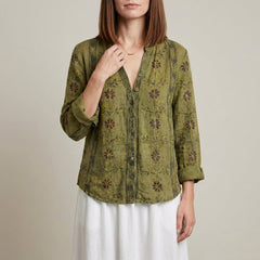 Green floral V-neck long sleeve linen blouse for women, stylish summer top in women's clothing category.