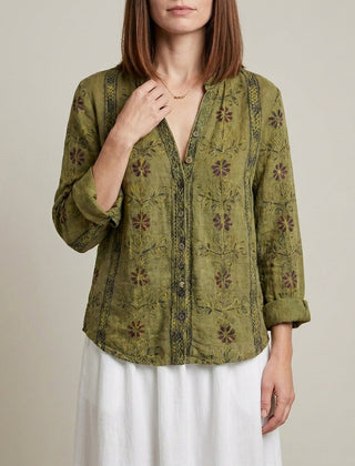 Green floral V-neck long sleeve linen blouse for women, stylish summer top in women's clothing category.