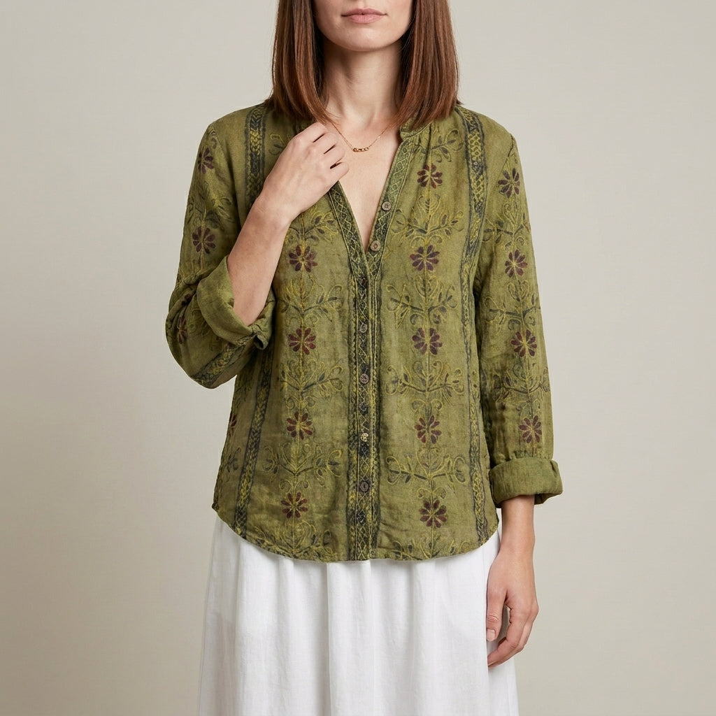 Green floral V-neck long sleeve linen blouse for women, stylish summer top in women's clothing category.