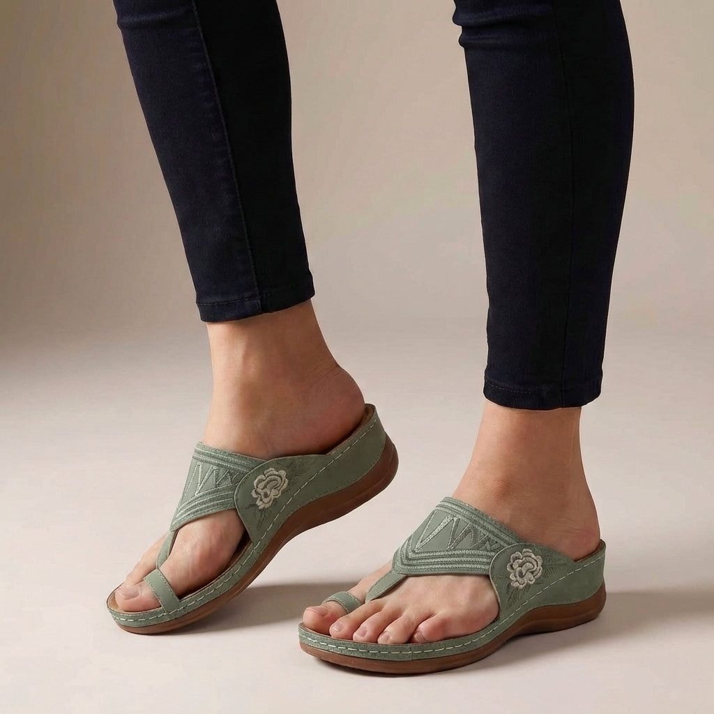 Green orthopedic wedge sandals for women with floral embroidery, stylish and comfortable footwear by My Store.