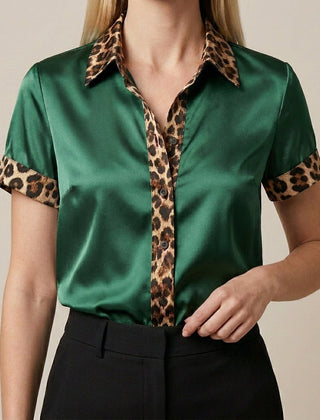 Green leopard print summer blouse for women with short sleeves, stylish top from My Store women's clothing collection.