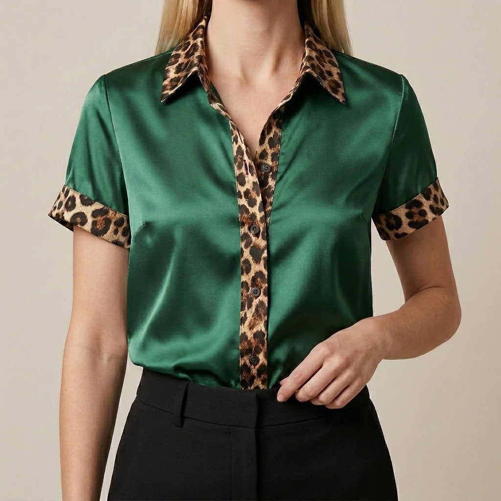 Green leopard print summer blouse for women with short sleeves, stylish top from My Store women's clothing collection.