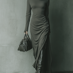 Grey knit hooded maxi dress for women, featuring a relaxed fit and cozy fabric, perfect for casual or stylish everyday wear.