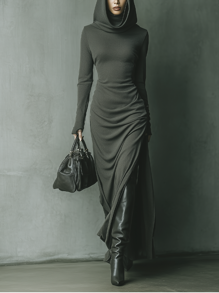 Grey knit hooded maxi dress for women, featuring a relaxed fit and cozy fabric, perfect for casual or stylish everyday wear.