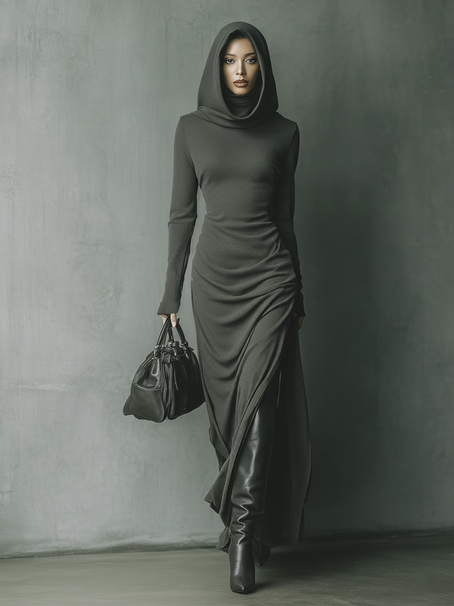 Grey knit hooded maxi dress for women, featuring a relaxed fit and long sleeves, styled with a hood and soft fabric.