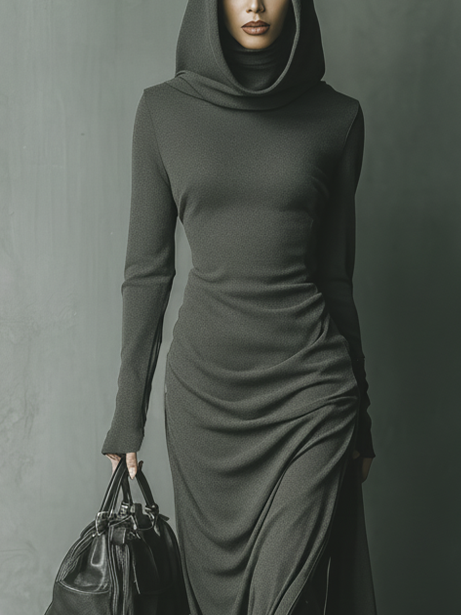 Grey knit hooded maxi dress for women featuring a relaxed fit and long sleeves, perfect for casual and comfortable style.