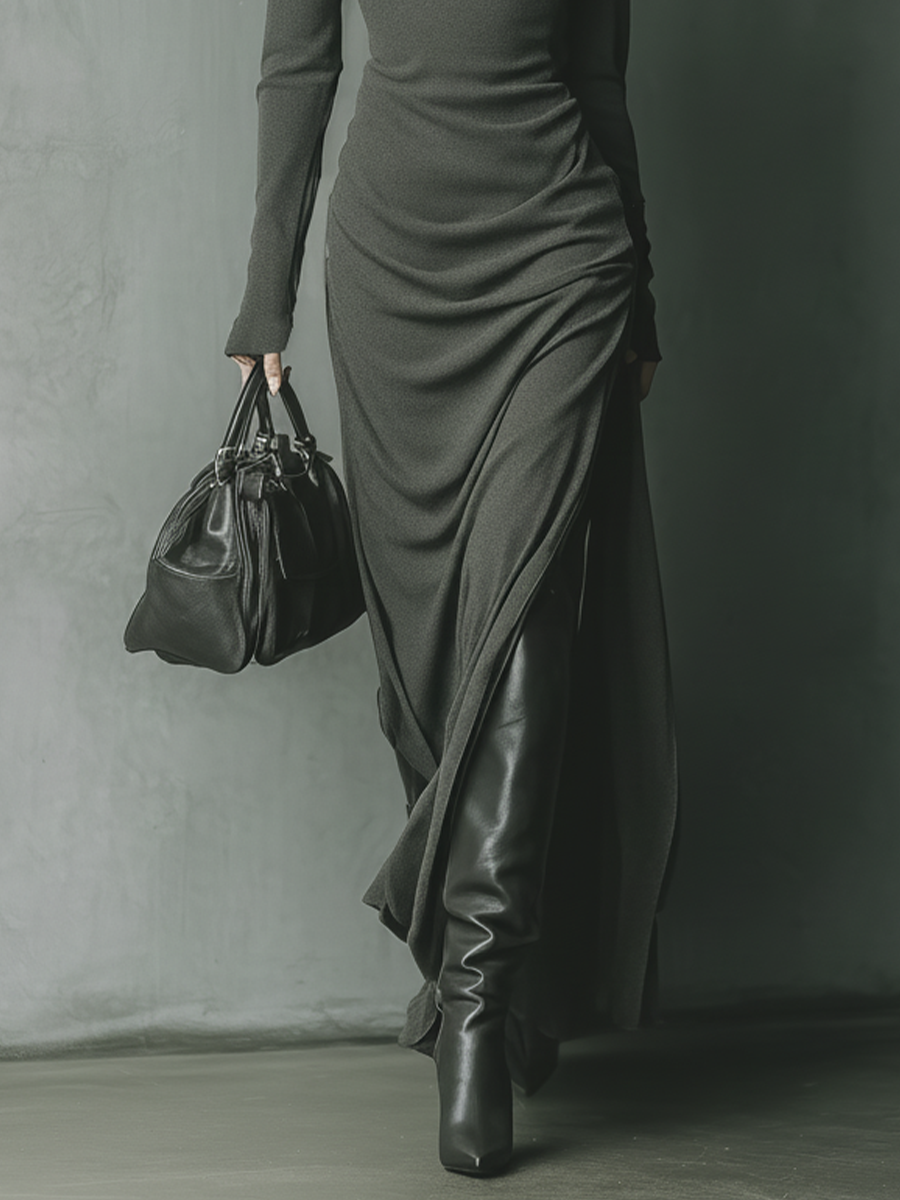 Grey knit hooded maxi dress for women, featuring a relaxed fit and cozy hood, perfect for casual wear and stylish comfort.