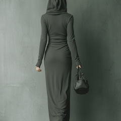 Grey knit hooded maxi dress for women, featuring a relaxed fit and cozy hood, perfect for casual wear and layering.