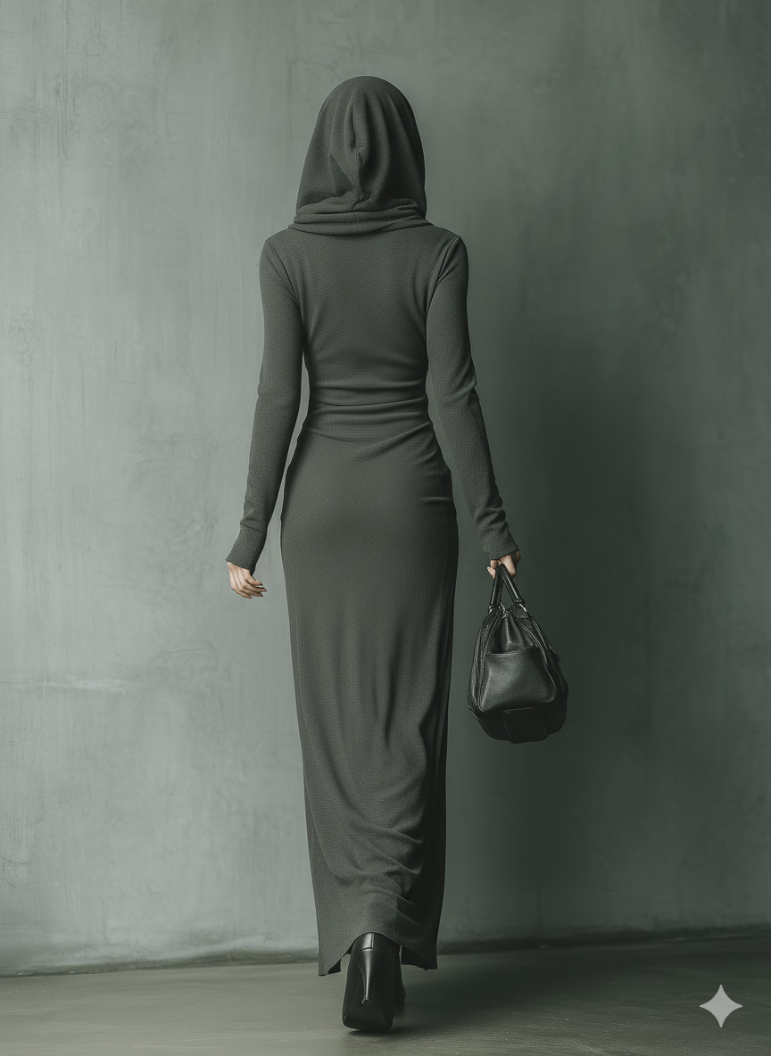 Grey knit hooded maxi dress for women, featuring a relaxed fit and cozy hood, perfect for casual wear and layering.
