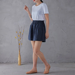 High waist linen blend shorts for women with elastic waistband, stylish and comfortable pants from My Store.