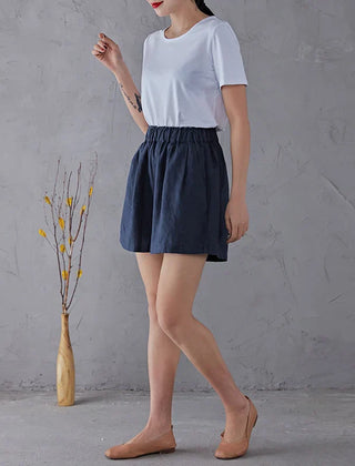 High waist linen blend shorts for women with elastic waistband, stylish and comfortable pants from My Store.