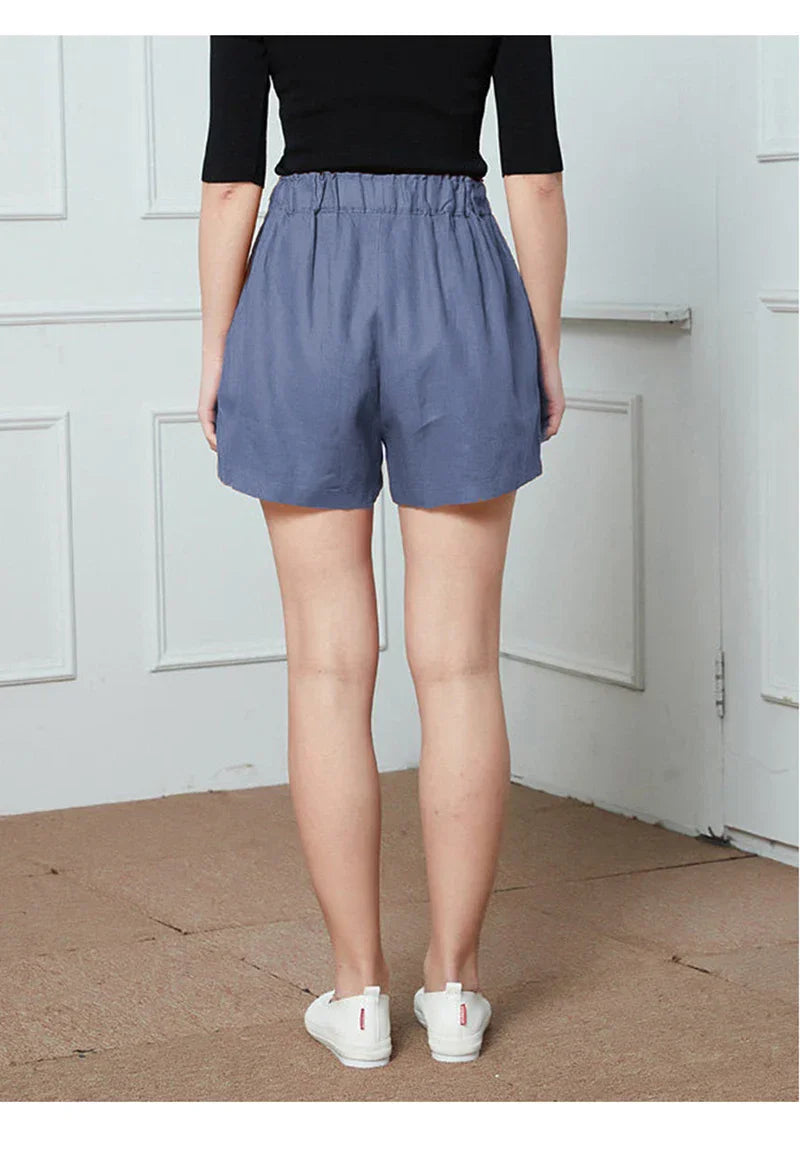 Women’s linen blend high waist elastic shorts, casual pants with a comfortable fit, stylish for warm weather.
