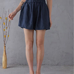 High waist linen blend women's shorts with elastic waistband, casual and comfortable pants for women.