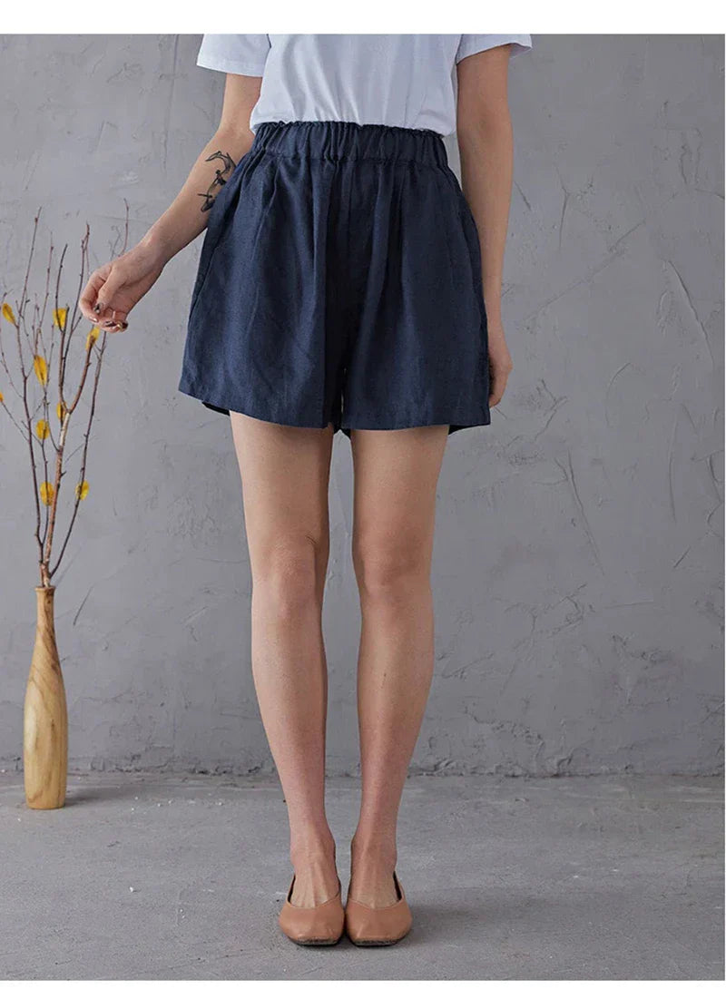 High waist linen blend women's shorts with elastic waistband, casual and comfortable pants for women.